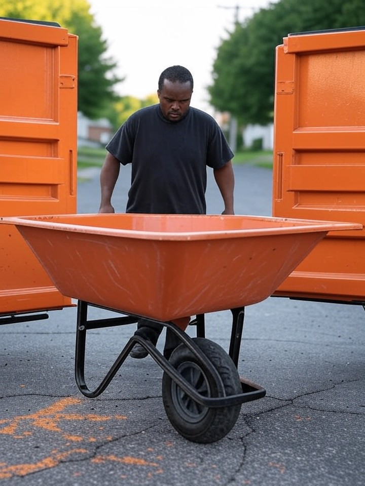 Person pushing wheelbarrow through dumpster door at ground level