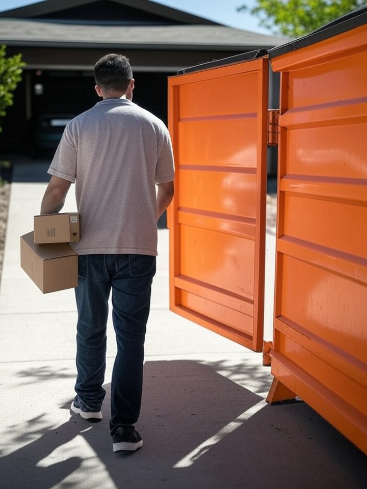 Person walking into dumpster with boxes through walk-in door