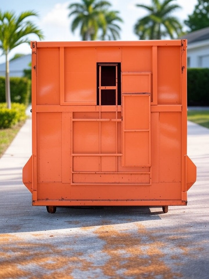 Orange walk-in dumpster with convenient door access in a Florida residential driveway